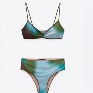 Zara Blue + Green Mesh Bikini w High Waisted Bottoms Small